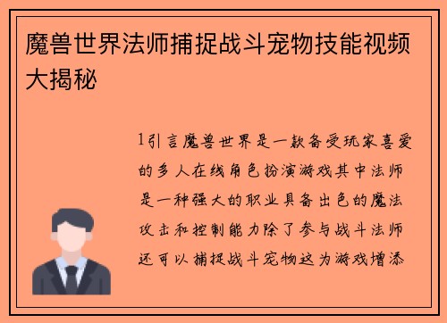 魔兽世界法师捕捉战斗宠物技能视频大揭秘