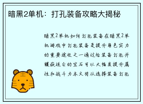 暗黑2单机：打孔装备攻略大揭秘